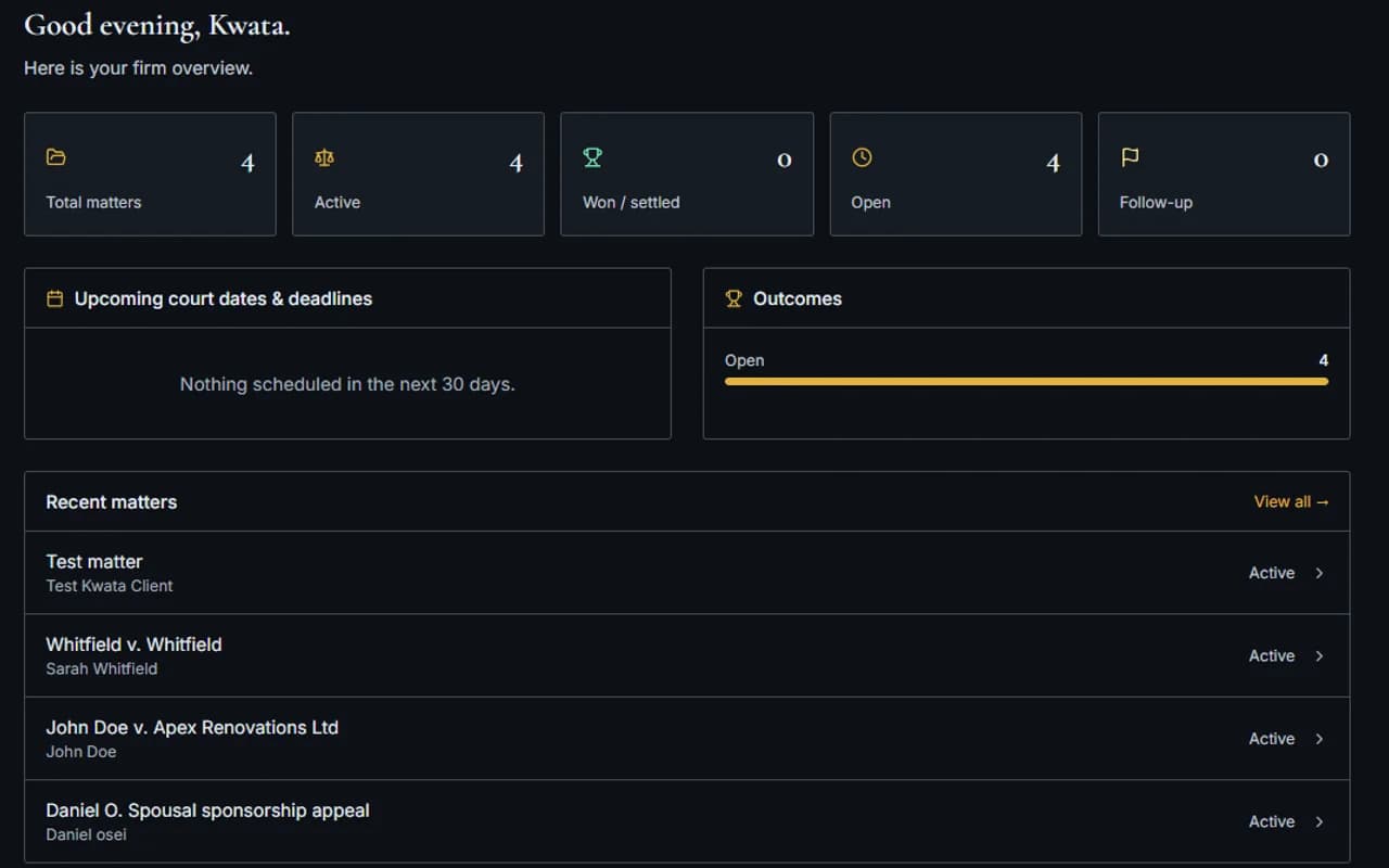 Juris dashboard for a sample firm, with matter counts, upcoming court dates and deadlines, outcomes and recent matters